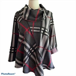 NWT!! Ali Miles Knit Cowl Neck Plaid Tunic Petite Medium
